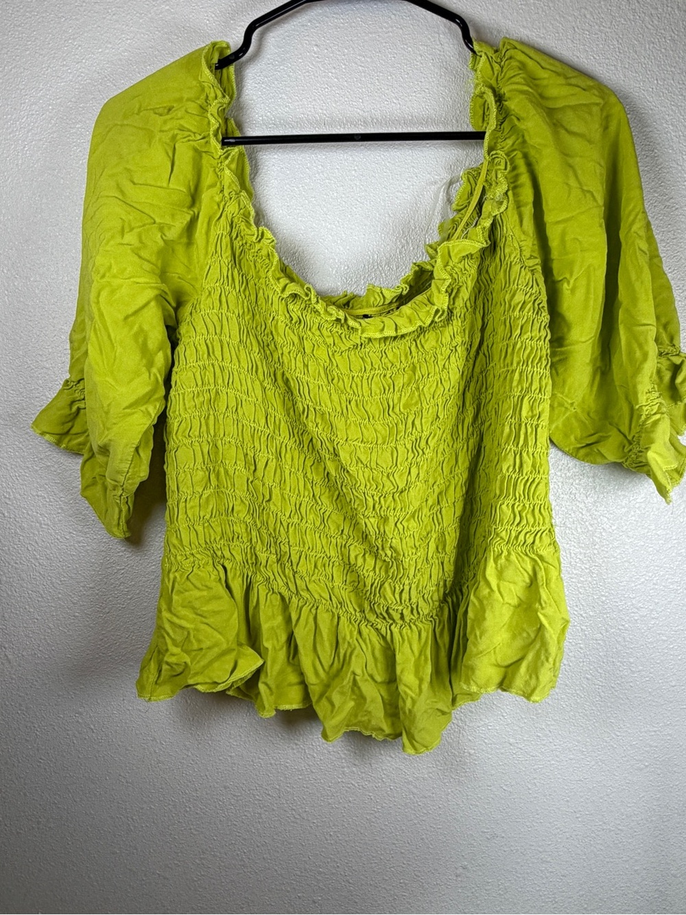 Rouge Collection 2X Lime Green Smocked Puff Sleeve Ruffle Blouse
